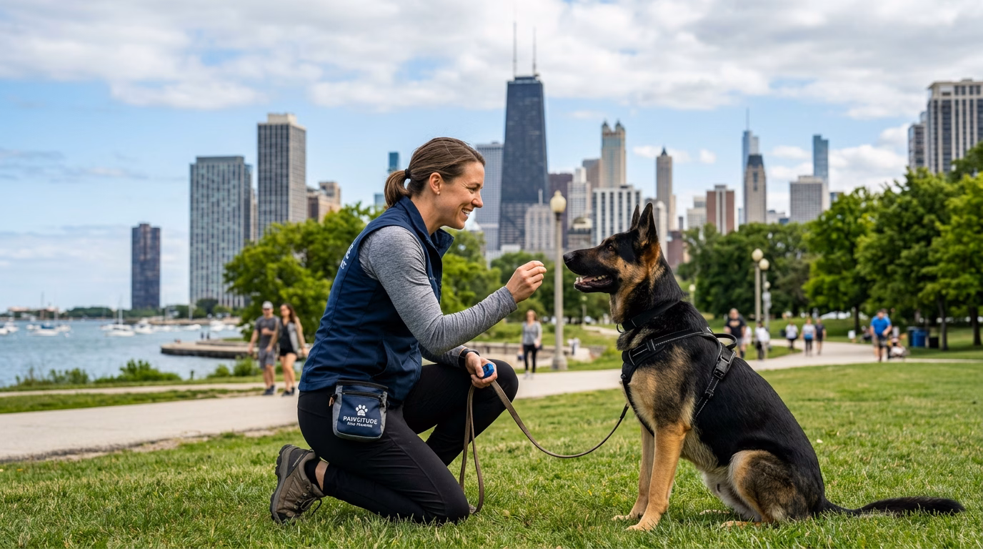 Dog behaviorist training an aggressive dog in Chicago