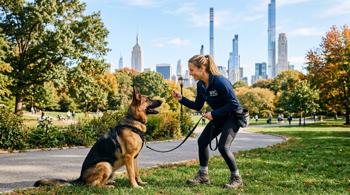 Aggressive dog trainer working in Central Park New York City