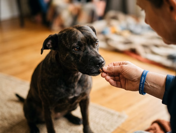 Dog trainer building trust with a fearful aggressive dog
